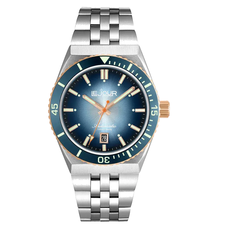 Le Jour Delmare Swiss Dive Watch with Fume Blue Dial and Rose Gold Accents, reference LJ-DM-008