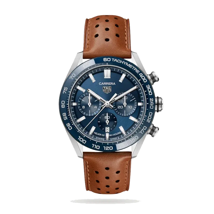 TAG Heuer Carrera Chronograph | 44mm, Steel, Leather, Blue Dial, reference 