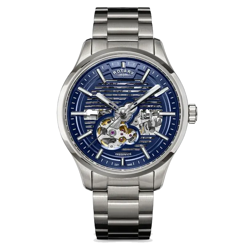 Rotary Greenwich GT1 42mm Blue Skeleton Dial Stainless Steel Automatic Watch, reference 