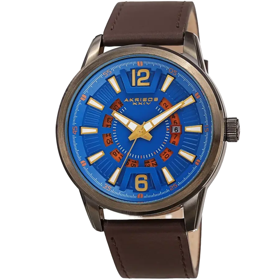 Akribos Aviator Dark Gray/Gun/Leather | Blue Dial, reference AK1079BUBR