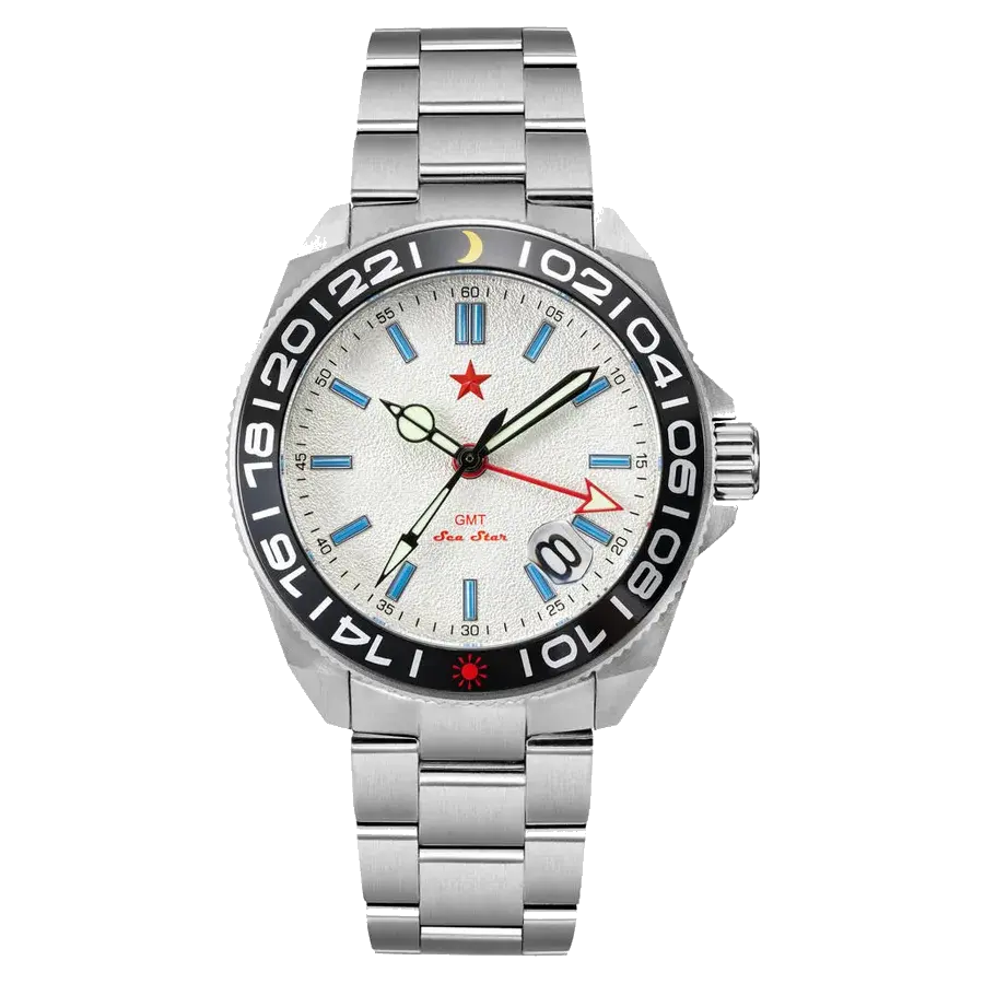 Red Star SEA STAR 4 GMT Watch with Silver Dial and Passive Luminous Tubes, reference 8759G-B