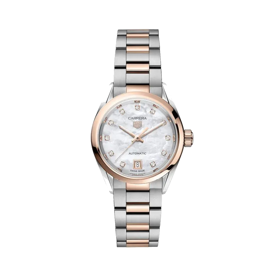 TAG Heuer Carrera Date | 29mm, Two-Tone Steel & PVD Rose Gold, Diamond White Dial, reference 