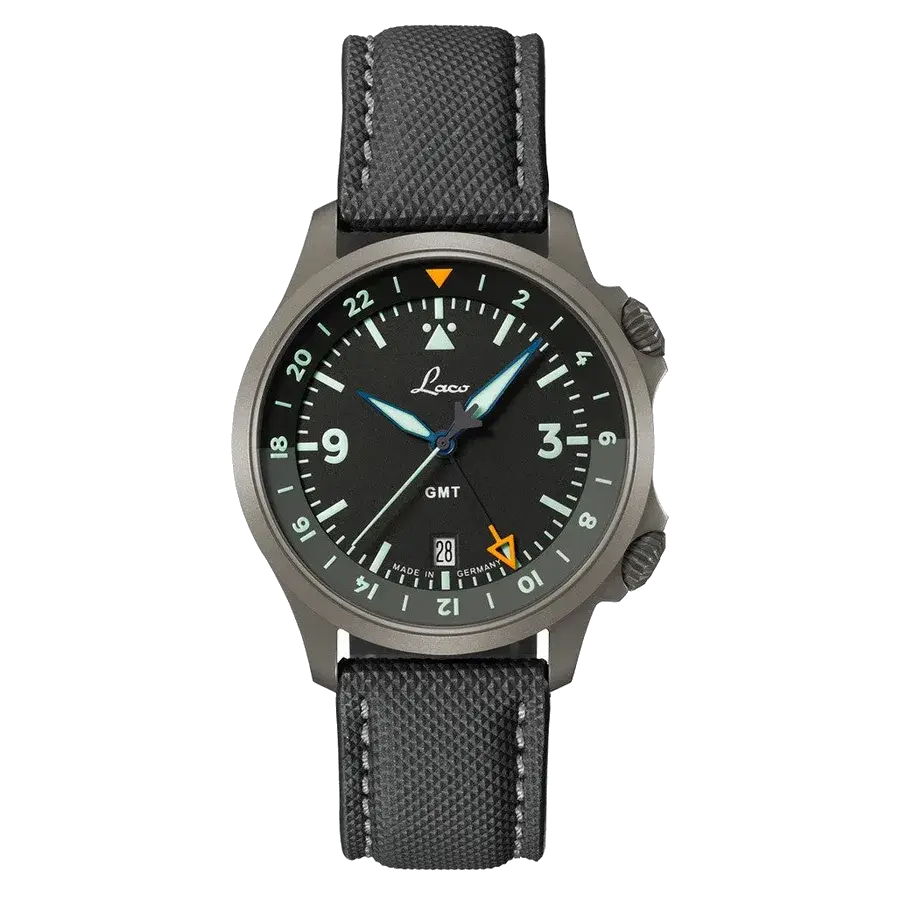Laco 40mm Frankfurt GMT Automatic Watch with Black Dial and Sapphire Crystal, reference 862187