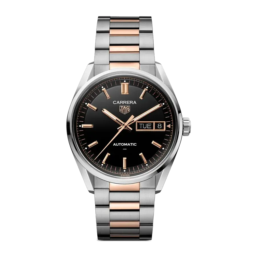 TAG Heuer Carrera Day-Date | 41mm, Steel, Two-Tone Steel & 18K Rose Gold, Black Dial, reference 