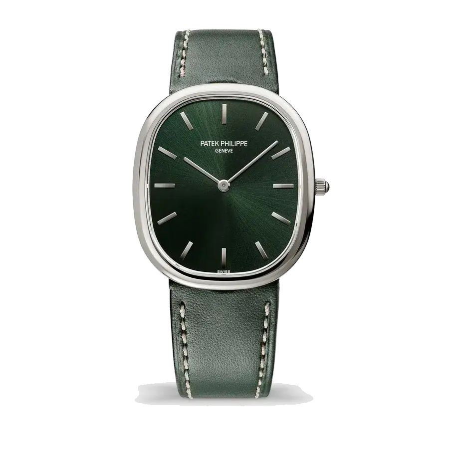 Patek Philippe Golden Ellipse 3738/100G-014 | 31mm, 18K White Gold, Leather, Green Dial, reference 