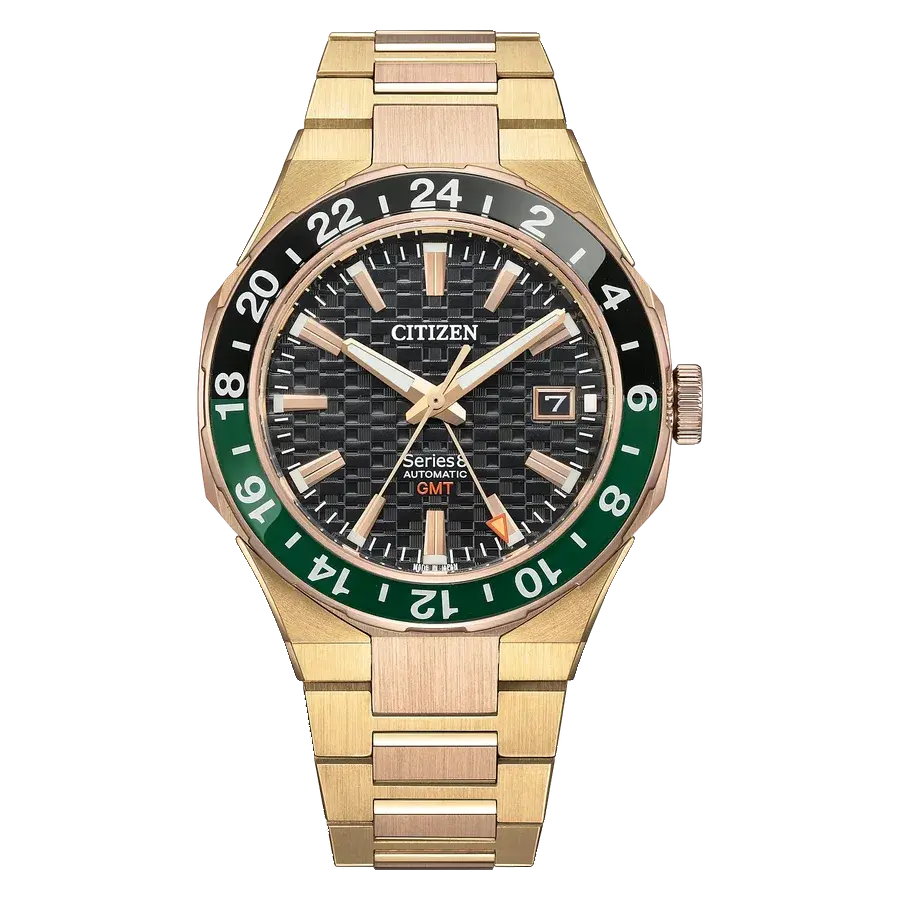 Citizen Series8 880GMT Gold Tone Black Green Bezel Automatic, reference NB6033-51E