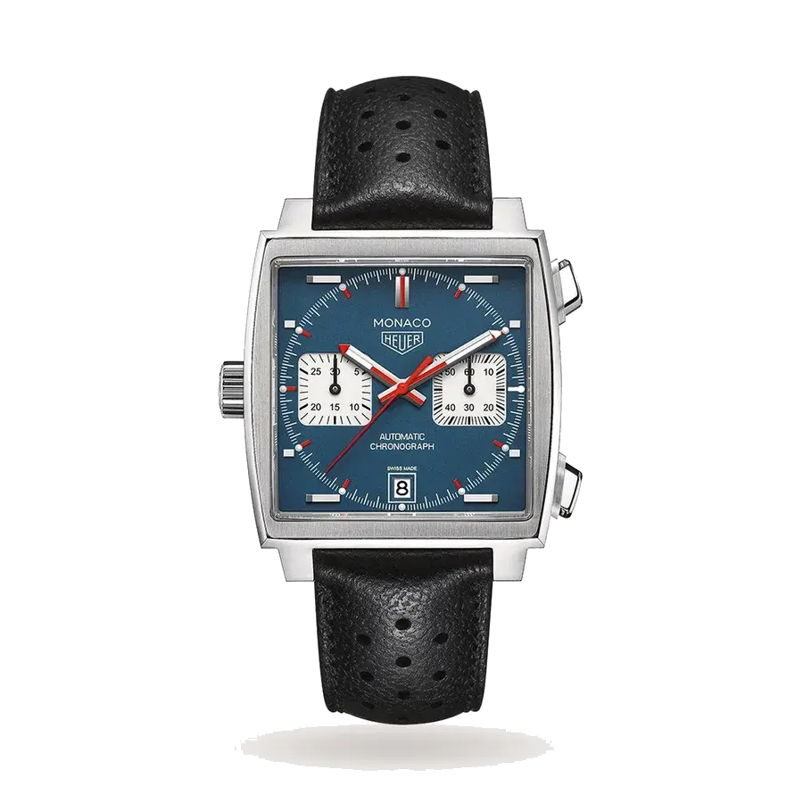 TAG Heuer Monaco Chronograph | 39mm, Steel, Leather, Blue Dial, reference 
