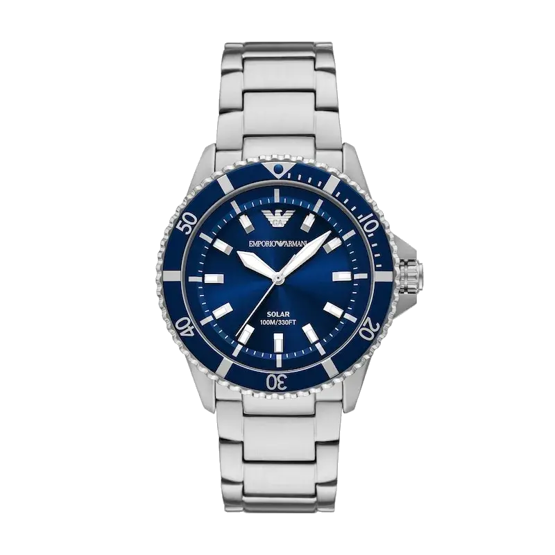 Emporio Armani World Explorer Men's Solar Blue Dial & Stainless Steel Watch, reference 