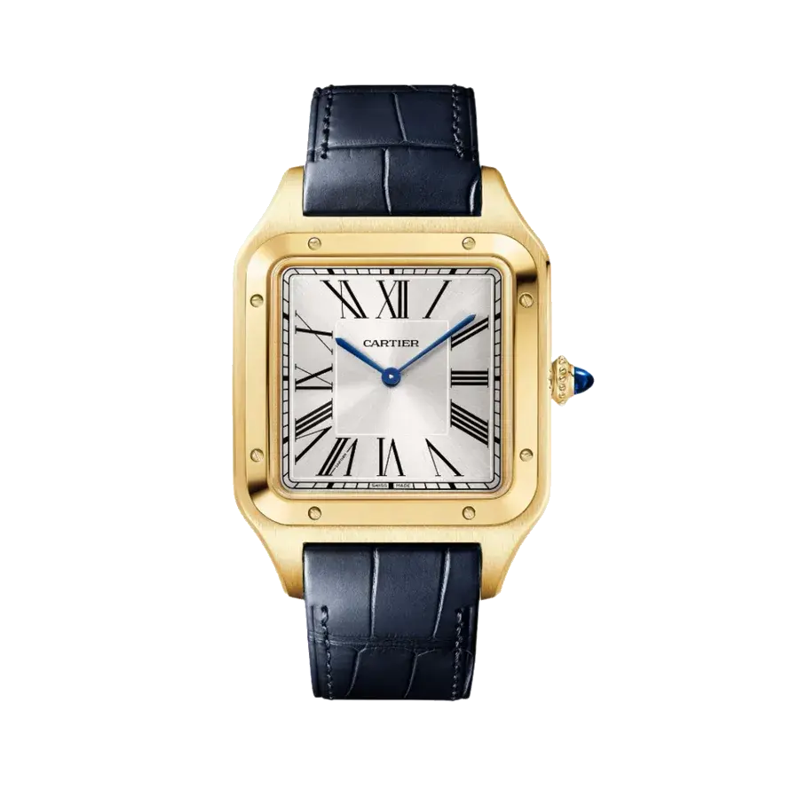 Cartier Santos-Dumont Extra-Large Model | 34mm, 18K Yellow Gold, Alligator Leather, Silver Dial, reference 
