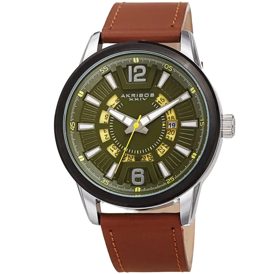 Akribos Aviator Silver/Leather | Green Dial, reference AK1079GNBR