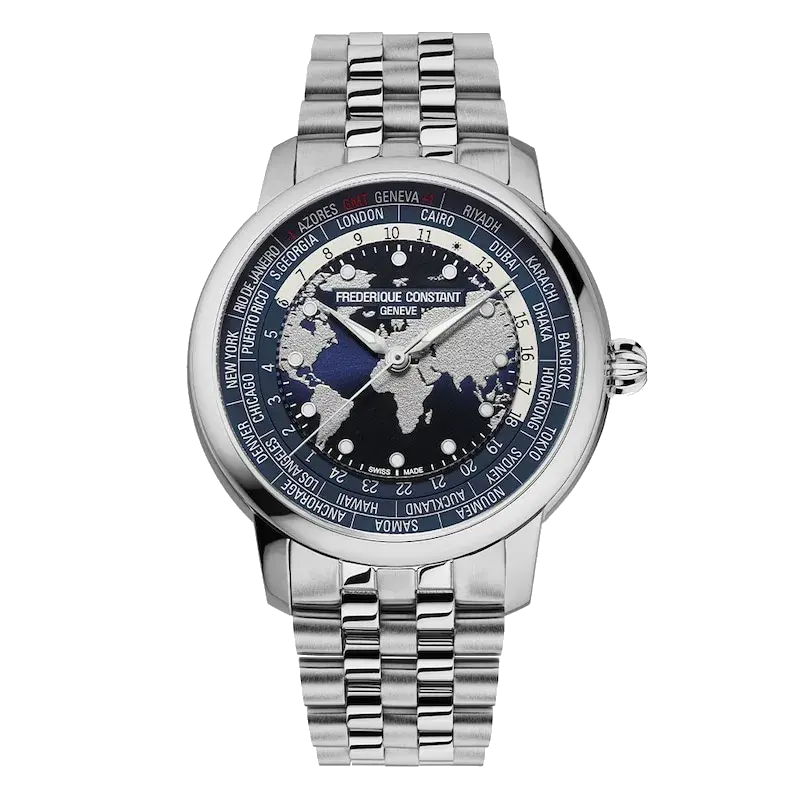 Frederique Constant Classic Worldtimer 40mm Blue Dial Stainless Steel Automatic Watch, reference 