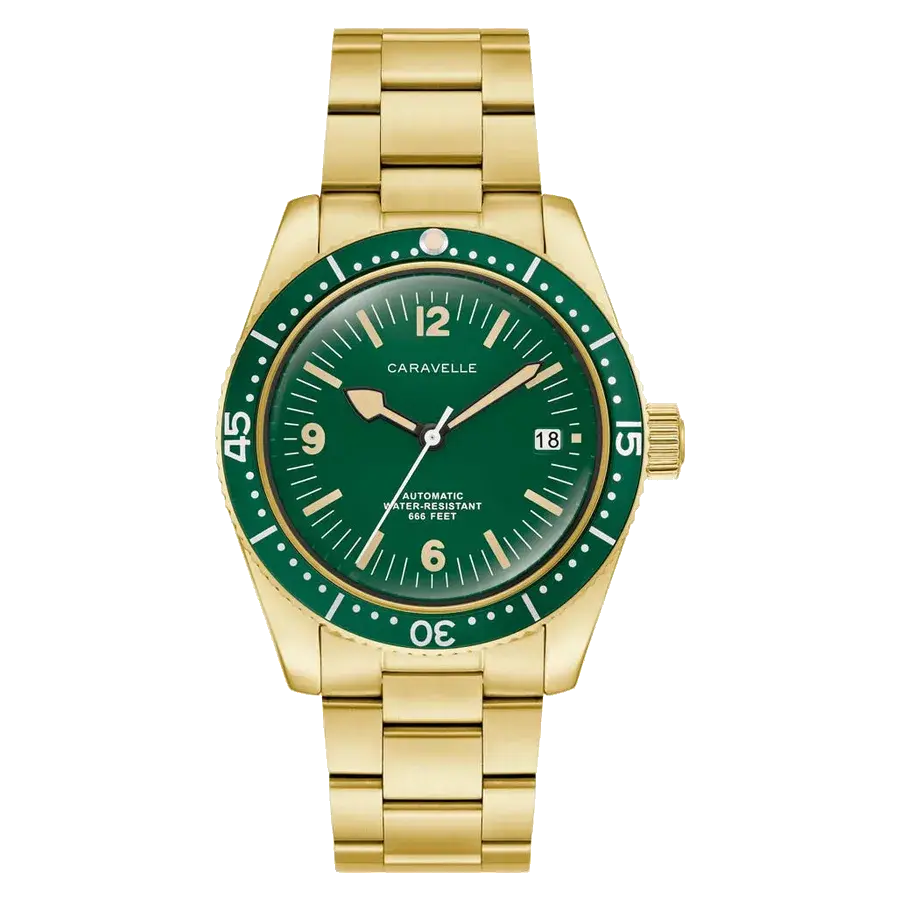Caravelle Sea Hunter Automatic Goldtone Watch with Green Dial, reference 44B128