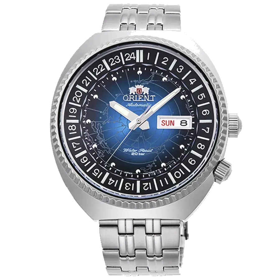 Orient Vintage-Inspired Automatic Dual-Time Watch with a Blue World Dial, reference RA-AA0E03L19B