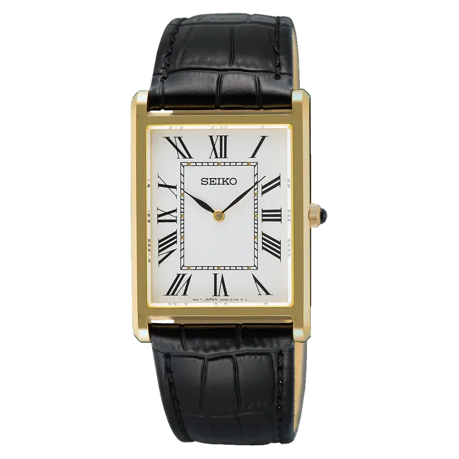 Seiko Essentials SWR104 Discover More Mens Gold Tone Tank Quartz, reference SWR104