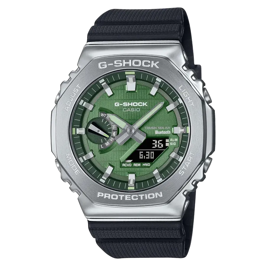 Casio GBM-2100A-1A3 Solar G Steel Steel / Resin Silver | 49mm, Steel & Rubber Coating, Resin, Green Dial, reference 2100A