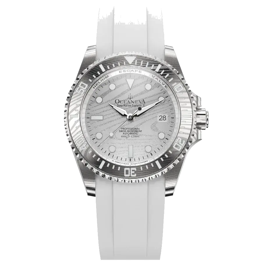 Oceaneva Deep Marine Explorer II Damascus Silver White Limited Edition, reference DM200SVDM-White Strap