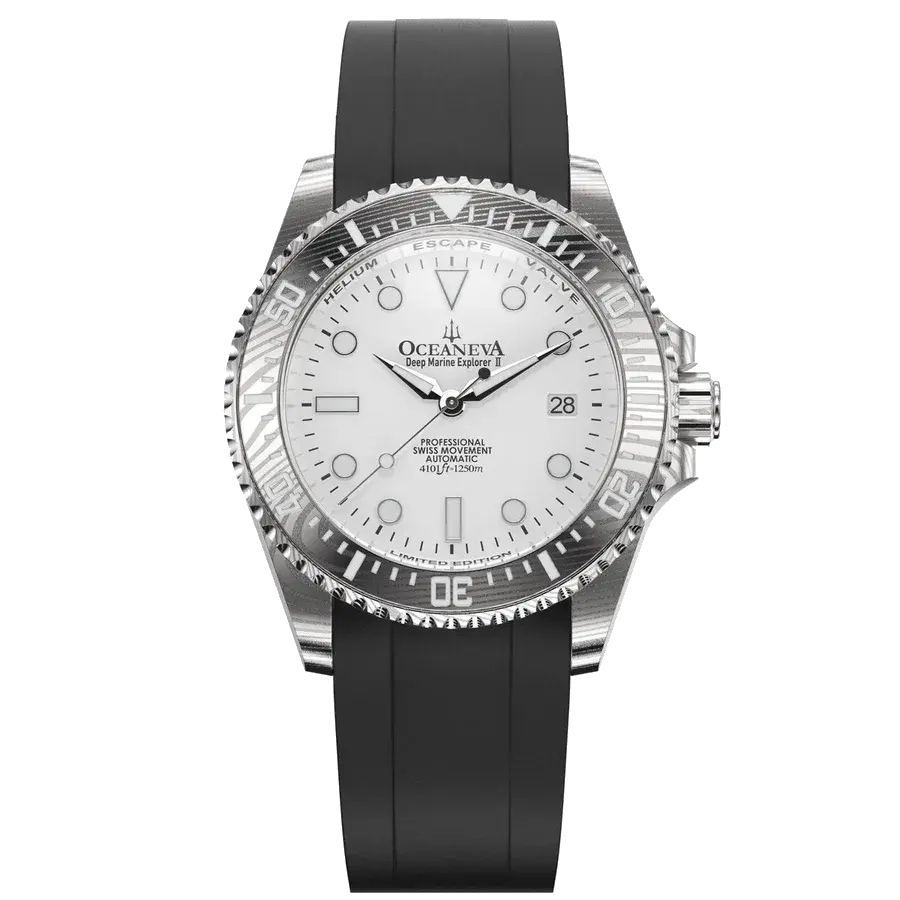 Oceaneva Deep Marine Explorer II Damascus White Black Limited Edition, reference DM200WH-BLACKSTRAP