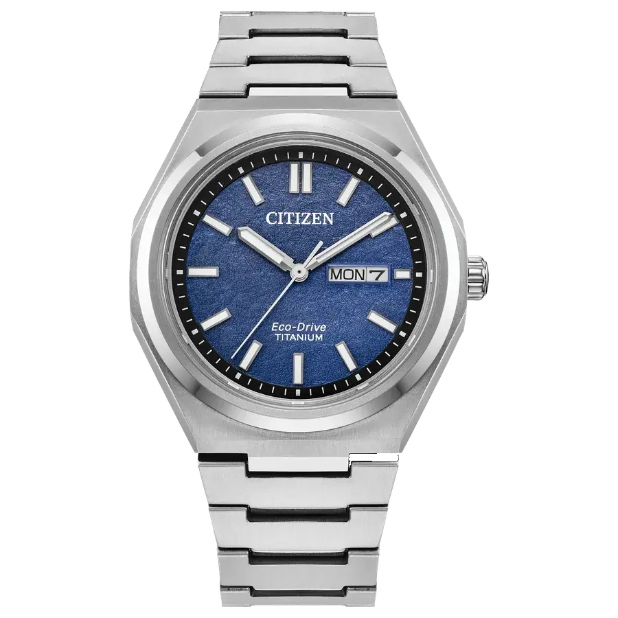 Citizen Zenshin Three-Hand Super Titanium Blue Textured Dial Eco-Drive, reference AW0130-85L