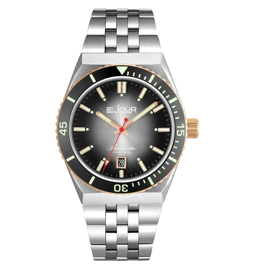 Le Jour Delmare Swiss Dive Watch with Fume Black Dial and Rose Gold Accents, reference LJ-DM-006