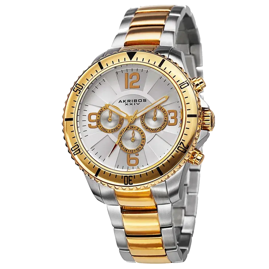 Akribos Bold Pattern Multifunction Dial Steel Watch Silver/Gold, reference AK694TTG