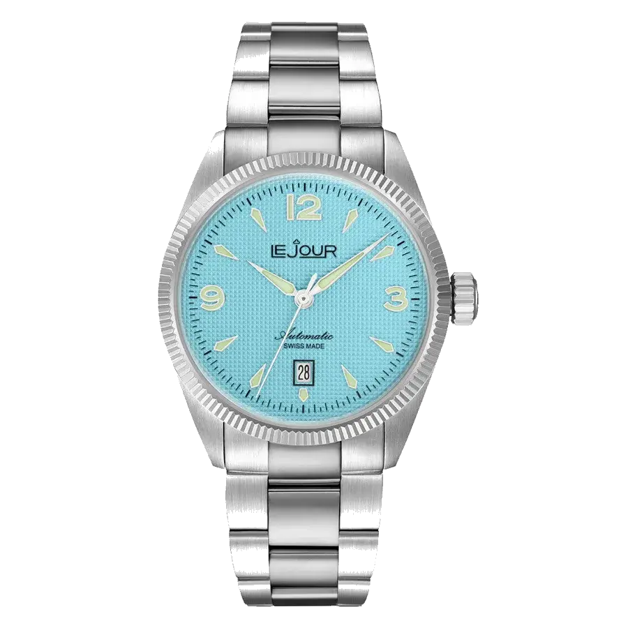 Le Jour Brooklyn Swiss Automatic Dress watch with Robin's Egg Blue Hobnail Dial, reference LJ-BR-005