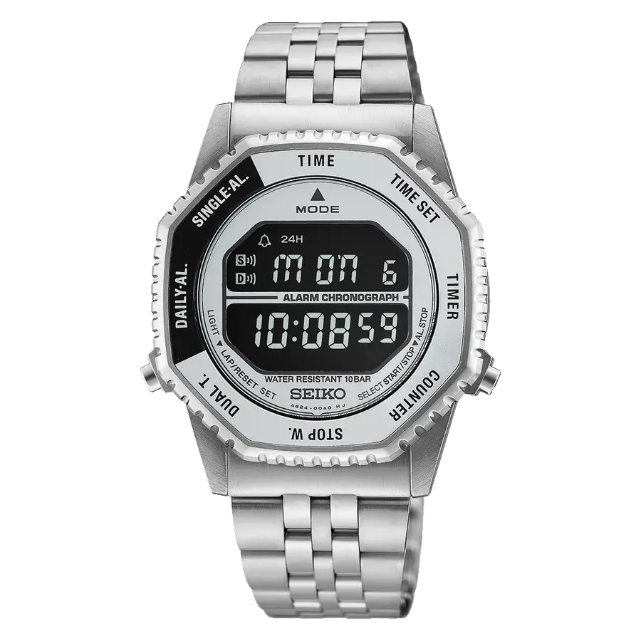 Seiko Essentials HFL002 Rotocall Silver Black Bezel Digital Stainless, reference HFL002
