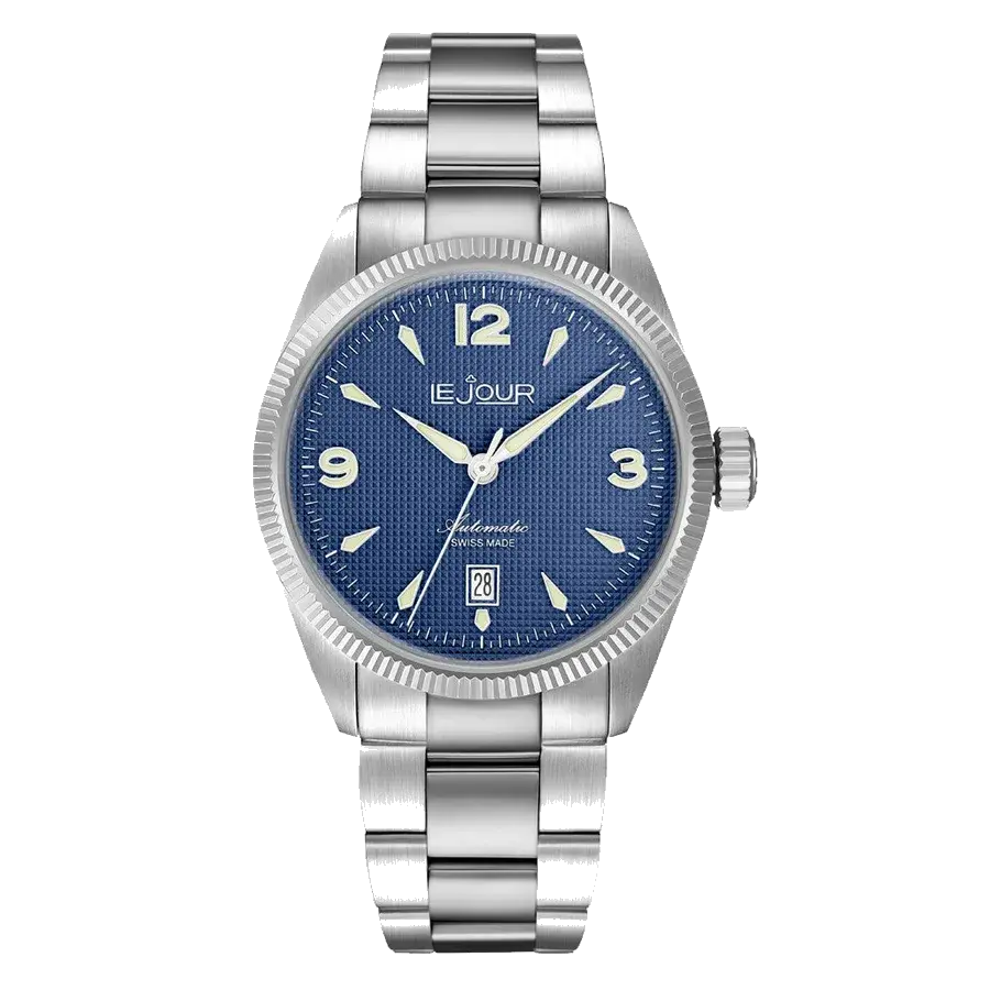 Le Jour Brooklyn Swiss Automatic Dress watch with Blue Hobnail Dial, reference LJ-BR-002
