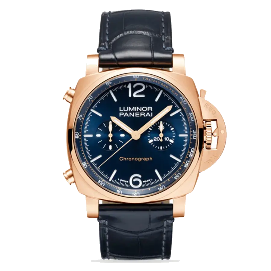 Panerai Luminor Chrono tech Blu Notte | 44mm, 18K Rose Gold, Alligator Leather, Blue Dial, reference 