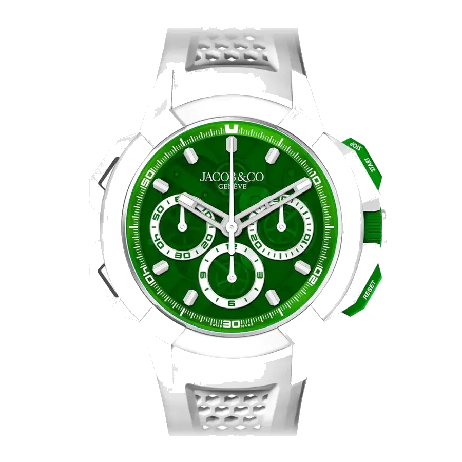 Jacob & Co . Epic X Chrono 44mm Tri-Compax White Ceramic Green Dial, reference EC440.95.AA.AA.BBRUA
