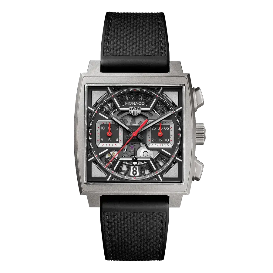 TAG Heuer Monaco Chronograph | 39mm, Titanium, Leather, Black Dial, reference 