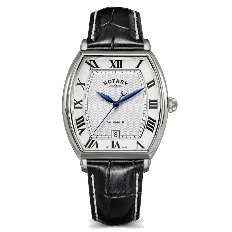 Rotary 1895 Tonneau 36mm White Dial Black Leather Automatic Watch, reference 