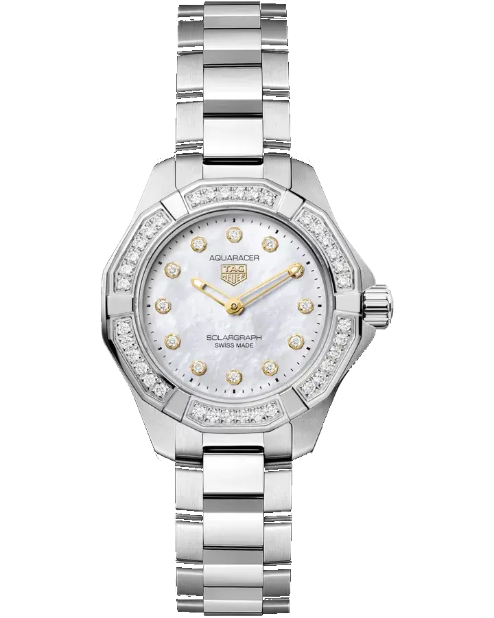 TAG Heuer Aquaracer Professional 100 Solargraph | 28mm, Steel, Mother-of-pearl Dial, Diamond Bezel, Womens Watch, reference 