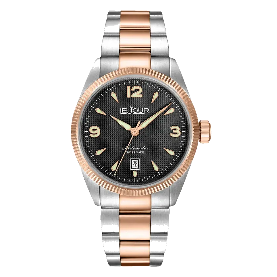 Le Jour Brooklyn Swiss Automatic Two-Tone Rose Gold Dress watch with Black Hobnail Dial, reference LJ-BR-006