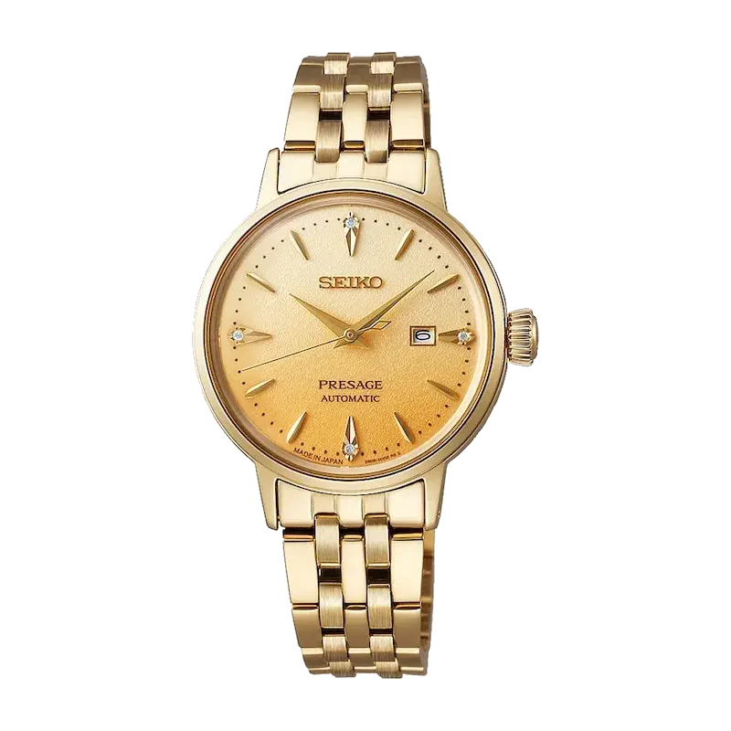 Seiko Presage ‘Eggnog’ Diamond-set 30mm Cocktail Time Gold Tone Watch, reference 