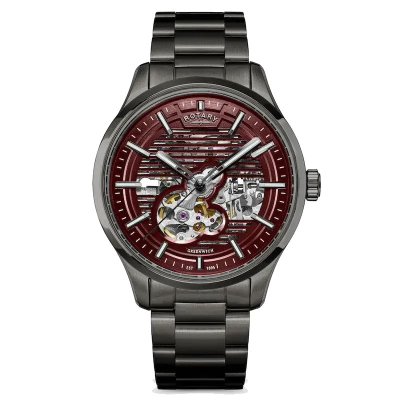 Rotary Greenwich GT1 42mm Red Skeleton Dial Gunmetal Tone Automatic Watch, reference 