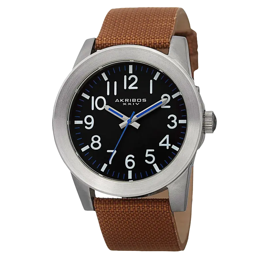 Akribos Casual Brown/CANVAS with Leather Backing | Black Dial, reference AK779SSBR