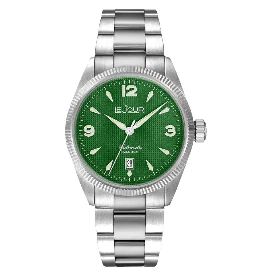 Le Jour Brooklyn Swiss Automatic Dress watch with Green Hobnail Dial, reference LJ-BR-003