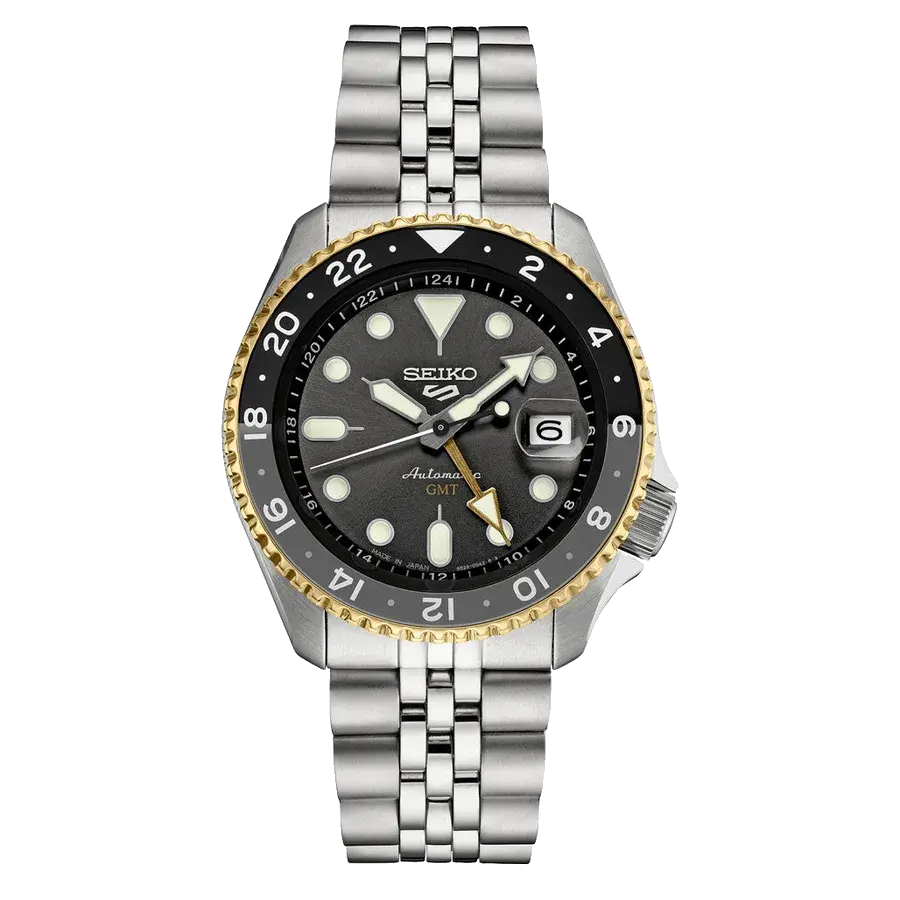 Seiko 5 Sports Automatic GMT Watch with Grey Dial and Gold Accents, reference SSK021