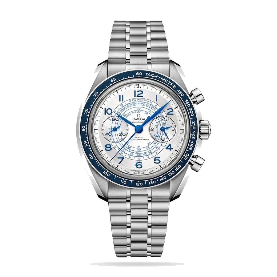 Omega Speedmaster Chronoscope | 43mm, Steel, Silver Dial, Blue Bezel, reference 