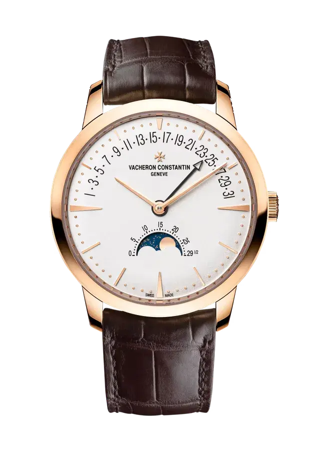 Vacheron Constantin Patrimony Moonphase and Retrograde Date | 42.5mm, 18K Rose Gold, Leather, Silver Dial, reference 
