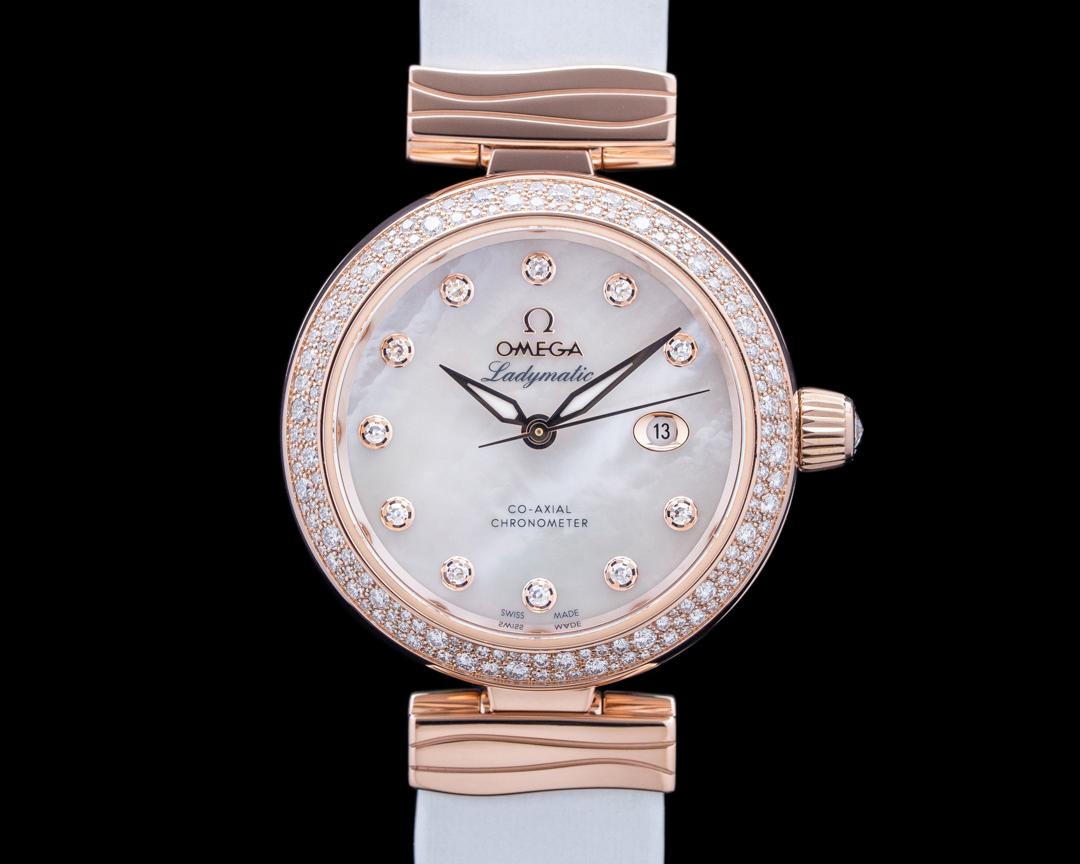 Omega De Ville Ladymatic 18K Sedna Gold Mother of Pearl Dial, reference 
