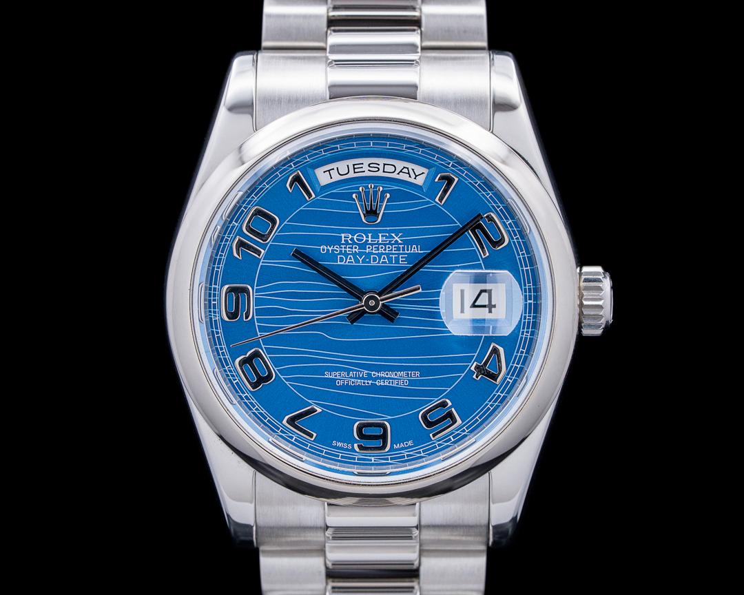 Rolex Day-Date 36 Platinum Blue Wave Dial Circa. 2000, reference 118206