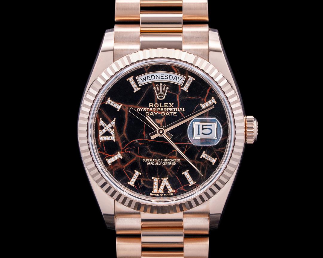 Rolex Day-Date 36 18K Everose Gold Eisenkiesel Diamond Roman Dial 2026, reference 128235