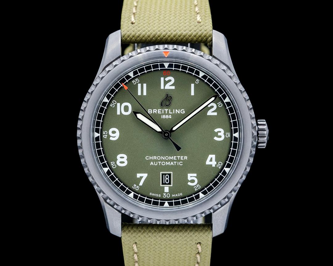 Breitling Aviator 8 Automatic 41 Black DLC SS Curtiss Warhawk Green Dial, reference M173152A1L1X1